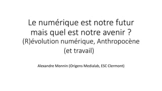 ​​Le numérique est notre futur
mais quel est notre avenir ?
(R)évolution numérique, Anthropocène
(et travail)
Alexandre Mo...