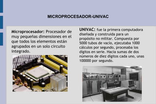 MICROPROCESADOR-UNIVAC
Microprocesador: Procesador de
muy pequeñas dimensiones en el
que todos los elementos están
agrupados en un solo circuito
integrado.
UNIVAC: fue la primera computadora
diseñada y construida para un
propósito no militar. Compuesta por
5000 tubos de vacío, ejecutaba 1000
cálculos por segundo, procesaba los
dígitos en serie. Hacia sumas de dos
números de diez dígitos cada uno, unas
100000 por segundo.
 