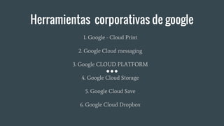 Herramientas corporativas de google
1. Google - Cloud Print
2. Google Cloud messaging
3. Google CLOUD PLATFORM
4. Google Cloud Storage
5. Google Cloud Save
6. Google Cloud Dropbox
 
