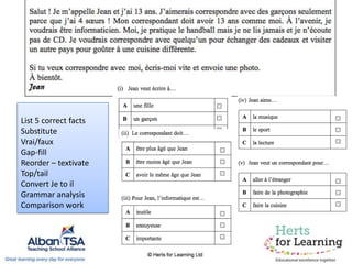 List 5 correct facts
Substitute
Vrai/faux
Gap-fill
Reorder – textivate
Top/tail
Convert Je to il
Grammar analysis
Comparison work
 