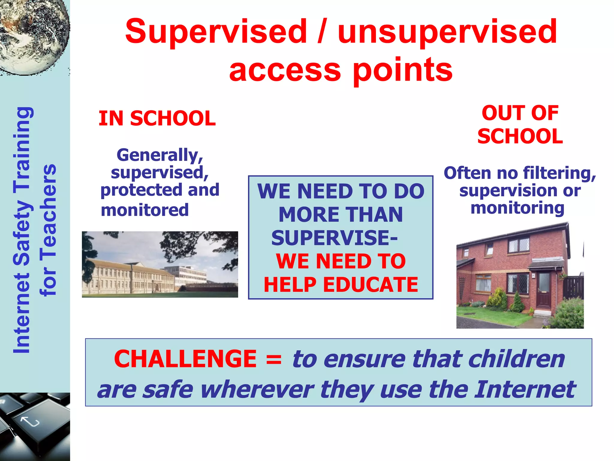 Supervised / unsupervised access points WE NEED TO DO MORE THAN SUPERVISE-  WE NEED TO HELP EDUCATE CHALLENGE =   to ensure that children are safe wherever they use the Internet   IN SCHOOL  Generally, supervised, protected and monitored   OUT OF SCHOOL Often no filtering, supervision or monitoring  
