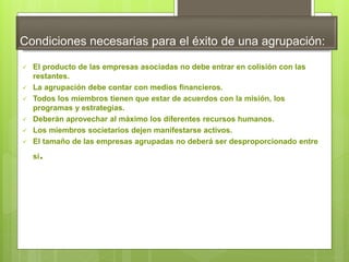 Condiciones necesarias para el éxito de una agrupación:
 El producto de las empresas asociadas no debe entrar en colisión con las
restantes.
 La agrupación debe contar con medios financieros.
 Todos los miembros tienen que estar de acuerdos con la misión, los
programas y estrategias.
 Deberán aprovechar al máximo los diferentes recursos humanos.
 Los miembros societarios dejen manifestarse activos.
 El tamaño de las empresas agrupadas no deberá ser desproporcionado entre
sí.
 