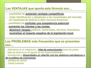 Las VENTAJAS que aporta esta fórmula son…
… posibilidad de aumentar ventajas competitivas.
… mejor identificación y adaptación a las necesidades del mercado
sin necesidad de destinar a ellos recursos excesivos.
…posibilidad de controlar una competencia potencial.
…aumentar los clientes y las ventas.
… disminuir riesgos políticos, comerciales, técnicos, financieros.
… neutralizar el impacto negativo de la legislación local.
Los PROBLEMAS más frecuentes que se presentan
son…
…deficiencia en la integración y falta de comunicación entre las partes.
…falta de sintonía en el reparto de las responsabilidades.
…divergencias y disparidades en relación con los objetivos estratégicos o
de la política de inversiones.
… pérdida de control.
… fuerte inversión.
 