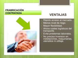 FRABRICACIÓN
CONTRATADA.
VENTAJAS
 Rápido acceso al mercado.
 Menos nivel de riego.
 Mayor flexibilidad.
 Ahora costes logísticos del
transporte.
 Evita problemas laborales.
 No precisa inversion en
instalaciones, maquinarias,
utensilios ni utillaje.
 