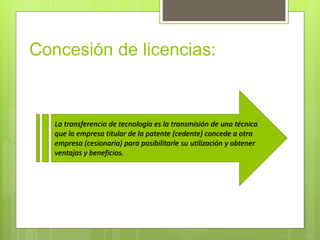 Concesión de licencias:
La transferencia de tecnología es la transmisión de una técnica
que la empresa titular de la patente (cedente) concede a otra
empresa (cesionaria) para posibilitarle su utilización y obtener
ventajas y beneficios.
 