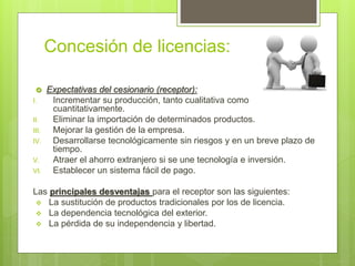 Concesión de licencias:
 Expectativas del cesionario (receptor):
I. Incrementar su producción, tanto cualitativa como
cuantitativamente.
II. Eliminar la importación de determinados productos.
III. Mejorar la gestión de la empresa.
IV. Desarrollarse tecnológicamente sin riesgos y en un breve plazo de
tiempo.
V. Atraer el ahorro extranjero si se une tecnología e inversión.
VI. Establecer un sistema fácil de pago.
Las principales desventajas para el receptor son las siguientes:
 La sustitución de productos tradicionales por los de licencia.
 La dependencia tecnológica del exterior.
 La pérdida de su independencia y libertad.
 