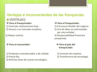 Ventajas e inconvenientes de las franquicias:
VENTAJAS:
 Para el franquiciador:  Para el franquiciado:
1) Inversión relativamente baja. 1) Estructura flexible del negocio.
2) Acceso a un mercado receptivo. 2) Uso de ideas ya contrastadas
por otra entidad.
3) Mayor control. 3) Responsabilidad financiera
compartida
 Para el consumidor:  Para el país del
franquiciado:
1) Productos estandarizados y de calidad. 1) Creación de empleos.
2) Precio fijo. 2) Transferencia de tecnología
3) Disfruta antes de nuevas tecnologías.
 