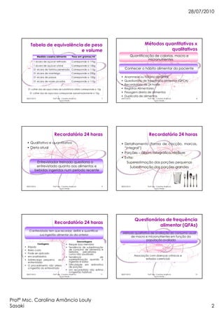 28/07/2010
Profª Msc. Carolina Amâncio Louly
Sasaki 2
28/07/2010 Profª Msc. Carolina Amâncio
Louly Sasaki
7
Tabela de equivalência de peso
e volume
Medida caseira/alimento Peso em gramas/ml
1 xícara de açúcar refinado Corresponde a 170g
1 xícara de açúcar cristal Corresponde a 130g
01 xícara de farinha peneirada Corresponde a 115g
01 xícara de manteiga Corresponde a 230g
01 xícara de passas Corresponde a 150g
01 xícara de nozes picadas Corresponde a 115g
01 colher das de sopa cheia de substância sólida corresponde a 15g
01 colher das de sopa rasa corresponde aproximadamente a 10g
28/07/2010 Profª Msc. Carolina Amâncio
Louly Sasaki
8
Métodos quantitativos x
qualitativos
Quantificação de calorias, macro e
micronutrientes
Conhecer o hábito alimentar do paciente
• Anamnese ou história alimentar
• Questionário de frequência alimentar (QFCA)
• Recordatório de 24 horas
• Registros Alimentares
• Pesagem direta de alimentos
• Duplicata de alimentos
28/07/2010 Profª Msc. Carolina Amâncio
Louly Sasaki
9
Recordatório 24 horas
• Qualitativo e quantitativo
• Dieta atual
Entrevistador treinado questiona o
entrevistado quanto aos alimentos e
bebidas ingeridos num período recente
28/07/2010 Profª Msc. Carolina Amâncio
Louly Sasaki
10
Recordatório 24 horas
• Detalhamento (forma de cocção, marcas,
“integral”)
• Porções – álbum fotográfico, réplicas
• Evita:
Superestimação das porções pequenas
Subestimação das porções grandes
28/07/2010 Profª Msc. Carolina Amâncio
Louly Sasaki
11
Recordatório 24 horas
Vantagens
• Rápido
• Baixo custo
• Pode ser aplicado
• em analfabetos
• Sobrecarga pequena ao
entrevistado
• O procedimento não altera
a ingestão do entrevistado
Desvantagens
• Requer boa memória
• Tendência de subestimação
de consumo de alimentos e
bebidas percebidas
como não saudáveis
• Tendência de
superestimação quando a
ingestão é baixa
• Dificuldade em estimativa
de porções
• Um recordatório não estima
a ingestão habitual.
O entrevistado tem que recordar, definir e quantificar
sua ingestão alimentar do dia anterior
28/07/2010 Profª Msc. Carolina Amâncio
Louly Sasaki
12
Questionários de frequência
alimentar (QFAs)
Método qualitativo de avaliação do consumo usual
de macro e micronutrientes em função da
população avaliada
Associação com doenças crônicas e
estados carenciais
 