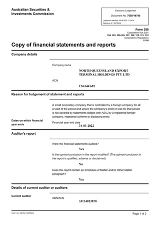 ASIC Form 388 Ref 169795240
Page 1 of 2
Australian Securities &
Investments Commission
Electronic Lodgement
Document No. 7EBV18765
Lodgement date/time: 08-08-2022 11:24:24
Reference Id: 169795240
Form 388
Corporations Act 2001
294, 295, 298-300, 307, 308, 319, 321, 322
Corporations Regulations
1.0.08
Copy of financial statements and reports
Company details
Company name
NORTH QUEENSLAND EXPORT
TERMINAL HOLDINGS PTY LTD
ACN
154 644 685
Reason for lodgement of statement and reports
A small proprietary company that is controlled by a foreign company for all
or part of the period and where the company's profit or loss for that period
is not covered by statements lodged with ASIC by a registered foreign
company, registered scheme or disclosing entity
Dates on which financial
year ends
Financial year end date
31-03-2022
Auditor's report
Were the financial statements audited?
Yes
Is the opinion/conclusion in the report modified? (The opinion/conclusion in
the report is qualified, adverse or disclaimed)
No
Does the report contain an Emphasis of Matter and/or Other Matter
paragraph?
Yes
Details of current auditor or auditors
Current auditor
ABN/ACN
33134022870
 