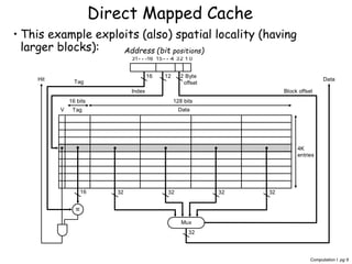 Computation I pg 9
• This example exploits (also) spatial locality (having
larger blocks):
Direct Mapped Cache
Address (showing bit positions)
16 12 Byte
offset
V Tag Data
Hit Data
16 32
4K
entries
16 bits 128 bits
Mux
32 32 32
2
32
Block offsetIndex
Tag
31 16 15 4 32 1 0
Address (bit positions)
 