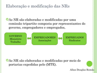 Elaboração e modificação das NRs
As NR são elaboradas e modificadas por uma
comissão tripartite composta por representantes do
governo, empregadores e empregados,
GOVERNO
Ministério
Trabalho

EMPREGADORES
Associações

EMPREGADOS
Sindicatos

As NR são elaboradas e modificadas por meio de
portarias expedidas pelo (MTE).
Allan Douglas Romão

 