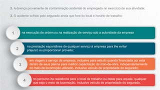 2. A doença proveniente de contaminação acidental do empregado no exercício de sua atividade;
3. O acidente sofrido pelo segurado ainda que fora do local e horário de trabalho:
na execução de ordem ou na realização de serviço sob a autoridade da empresa
1
na prestação espontânea de qualquer serviço à empresa para lhe evitar
prejuízo ou proporcionar proveito;
2
em viagem a serviço da empresa, inclusive para estudo quando financiada por esta
dentro de seus planos para melhor capacitação da mão-de-obra, independentemente
do meio de locomoção utilizado, inclusive veículo de propriedade do segurado;
3
no percurso da residência para o local de trabalho ou deste para aquela, qualquer
que seja o meio de locomoção, inclusive veículo de propriedade do segurado.
4
 
