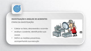 INVESTIGAÇÃO E ANÁLISE DE ACIDENTES
ETAPAS DA INVESTIGAÇÃO:
• Coletar os fatos, descrevendo o ocorrido
• Analisar o acidente, identificando suas
causas
• Definir as medidas preventivas,
acompanhando sua execução
 