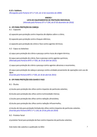 Este texto não substitui o publicado no DOU 5
6.12 e Subitens
(Revogados pela Portaria SIT n.º 125, de 12 de novembro de 2009)
ANEXO I
LISTA DE EQUIPAMENTOS DE PROTEÇÃO INDIVIDUAL
(Alterado pela Portaria SIT n.º 194, de 07 de dezembro de 2010)
A - EPI PARA PROTEÇÃO DA CABEÇA
A.1 - Capacete
a) capacete para proteção contra impactos de objetos sobre o crânio;
b) capacete para proteção contra choques elétricos;
c) capacete para proteção do crânio e face contra agentes térmicos.
A.2 - Capuz ou balaclava
a) capuz para proteção do crânio e pescoço contra riscos de origem térmica;
b) capuz para proteção do crânio, face e pescoço contra agentes químicos;
(Alterada pela Portaria MTE n.º 505, de 16 de abril de 2015)
c) capuz para proteção do crânio e pescoço contra agentes abrasivos e escoriantes;
d) capuz para proteção da cabeça e pescoço contra umidade proveniente de operações com uso de
água.
(Inserida pela Portaria MTE n.º 505, de 16 de abril de 2015)
B - EPI PARA PROTEÇÃO DOS OLHOS E FACE
B.1 - Óculos
a) óculos para proteção dos olhos contra impactos de partículas volantes;
b) óculos para proteção dos olhos contra luminosidade intensa;
c) óculos para proteção dos olhos contra radiação ultravioleta;
d) óculos para proteção dos olhos contra radiação infravermelha;
e) óculos de tela para proteção limitada dos olhos contra impactos de partículas volantes.
(Inserida pela Portaria MTE n.º 1.134, de 23 de julho de 2014)
B.2 - Protetor facial
a) protetor facial para proteção da face contra impactos de partículas volantes;
 