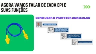 AGORA VAMOS FALAR DE CADA EPI E
SUAS FUNÇÕES
COMO USAR O PROTETOR AURICULAR
COMO USAR O PROTETOR AURICULAR
COMO USAR O PROTETOR AURICULAR
 