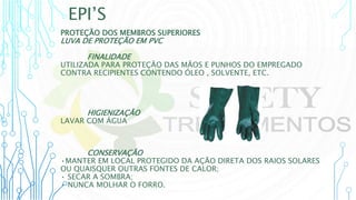 EPI’S
PROTEÇÃO DOS MEMBROS SUPERIORES
LUVA DE PROTEÇÃO EM PVC
FINALIDADE
UTILIZADA PARA PROTEÇÃO DAS MÃOS E PUNHOS DO EMPREGADO
CONTRA RECIPIENTES CONTENDO ÓLEO , SOLVENTE, ETC.
HIGIENIZAÇÃO
LAVAR COM ÁGUA
CONSERVAÇÃO
•MANTER EM LOCAL PROTEGIDO DA AÇÃO DIRETA DOS RAIOS SOLARES
OU QUAISQUER OUTRAS FONTES DE CALOR;
• SECAR A SOMBRA;
• NUNCA MOLHAR O FORRO.
 