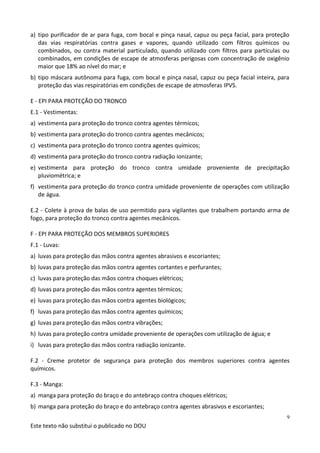 Este texto não substitui o publicado no DOU
9
a) tipo purificador de ar para fuga, com bocal e pinça nasal, capuz ou peça facial, para proteção
das vias respiratórias contra gases e vapores, quando utilizado com filtros químicos ou
combinados, ou contra material particulado, quando utilizado com filtros para partículas ou
combinados, em condições de escape de atmosferas perigosas com concentração de oxigênio
maior que 18% ao nível do mar; e
b) tipo máscara autônoma para fuga, com bocal e pinça nasal, capuz ou peça facial inteira, para
proteção das vias respiratórias em condições de escape de atmosferas IPVS.
E - EPI PARA PROTEÇÃO DO TRONCO
E.1 - Vestimentas:
a) vestimenta para proteção do tronco contra agentes térmicos;
b) vestimenta para proteção do tronco contra agentes mecânicos;
c) vestimenta para proteção do tronco contra agentes químicos;
d) vestimenta para proteção do tronco contra radiação ionizante;
e) vestimenta para proteção do tronco contra umidade proveniente de precipitação
pluviométrica; e
f) vestimenta para proteção do tronco contra umidade proveniente de operações com utilização
de água.
E.2 - Colete à prova de balas de uso permitido para vigilantes que trabalhem portando arma de
fogo, para proteção do tronco contra agentes mecânicos.
F - EPI PARA PROTEÇÃO DOS MEMBROS SUPERIORES
F.1 - Luvas:
a) luvas para proteção das mãos contra agentes abrasivos e escoriantes;
b) luvas para proteção das mãos contra agentes cortantes e perfurantes;
c) luvas para proteção das mãos contra choques elétricos;
d) luvas para proteção das mãos contra agentes térmicos;
e) luvas para proteção das mãos contra agentes biológicos;
f) luvas para proteção das mãos contra agentes químicos;
g) luvas para proteção das mãos contra vibrações;
h) luvas para proteção contra umidade proveniente de operações com utilização de água; e
i) luvas para proteção das mãos contra radiação ionizante.
F.2 - Creme protetor de segurança para proteção dos membros superiores contra agentes
químicos.
F.3 - Manga:
a) manga para proteção do braço e do antebraço contra choques elétricos;
b) manga para proteção do braço e do antebraço contra agentes abrasivos e escoriantes;
 