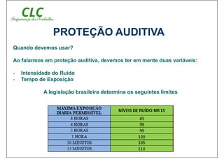 Quando devemos usar?
Ao falarmos em proteção auditiva, devemos ter em mente duas variáveis:
- Intensidade do Ruído
- Tempo de Exposição
A legislação brasileira determina os seguintes limites
PROTEÇÃO AUDITIVA
 