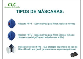 Máscara PFF1 – Desenvolvida para filtrar poeiras e névoas
Máscara PFF2 – Desenvolvida para filtrar poeiras, fumos e
névoas (uso obrigatório em trabalho com solda)
TIPOS DE MÁSCARAS:
Máscara de duplo Filtro – Sua proteção dependerá do tipo de
filtro utilizado (em geral, gases ácidos e vapores orgânicos)
 