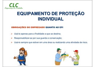Usá-lo apenas para a finalidade a que se destina;
 Responsabilizar-se por sua guarda e conservação;
 Usá-lo sempre que estiver em uma área ou realizando uma atividade de risco.
OBRIGAÇÕES DO EMPREGADO QUANTO AO EPI
EQUIPAMENTO DE PROTEÇÃO
INDIVIDUAL
 