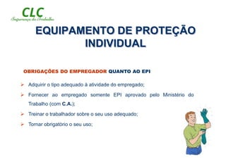Usá-lo apenas para a finalidade a que se destina;
Responsabilizar-se por sua guarda e conservação;
Usá-lo sempre que estiver em uma área ou realizando uma atividade de risco.
OBRIGAÇÕES DO EMPREGADO QUANTO AO EPI
EQUIPAMENTO DE PROTEÇÃO
INDIVIDUAL
 