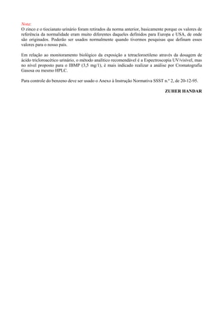 Nota:
O zinco e o tiocianato urinário foram retirados da norma anterior, basicamente porque os valores de
referência da normalidade eram muito diferentes daqueles definidos para Europa e USA, de onde
são originados. Poderão ser usados normalmente quando tivermos pesquisas que definam esses
valores para o nosso país.
Em relação ao monitoramento biológico da exposição a tetracloroetileno através da dosagem de
ácido tricloroacético urinário, o método analítico recomendável é a Espectroscopia UV/visível, mas
no nível proposto para o IBMP (3,5 mg/1), é mais indicado realizar a análise por Cromatografia
Gasosa ou mesmo HPLC.
Para controle do benzeno deve ser usado o Anexo à Instrução Normativa SSST n.º 2, de 20-12-95.
ZUHER HANDAR
 