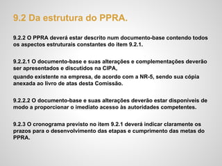 9.2 Da estrutura do PPRA.
9.2.2 O PPRA deverá estar descrito num documento-base contendo todos
os aspectos estruturais constantes do item 9.2.1.
9.2.2.1 O documento-base e suas alterações e complementações deverão
ser apresentados e discutidos na CIPA,
quando existente na empresa, de acordo com a NR-5, sendo sua cópia
anexada ao livro de atas desta Comissão.
9.2.2.2 O documento-base e suas alterações deverão estar disponíveis de
modo a proporcionar o imediato acesso às autoridades competentes.
9.2.3 O cronograma previsto no item 9.2.1 deverá indicar claramente os
prazos para o desenvolvimento das etapas e cumprimento das metas do
PPRA.
 