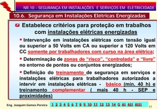 NR.10 - SEGURANÇA EM INSTALAÇÕES E SERVIÇOS EM ELETRICIDADE

  •10.6. Segurança em Instalações Elétricas Energizadas

         Estabelece critérios para proteção em trabalhos
             com instalações elétricas energizadas
         Intervenção em instalações elétricas com tensão igual
        ou superior a 50 Volts em CA ou superior a 120 Volts em
        CC somente por trabalhadores com curso na área elétrica;
         Determinação de zonas de “risco”, “controlada” e “livre”
        no entorno de pontos ou conjuntos energizados;
          Definição do treinamento de segurança em serviços                        e
        instalações elétricas para trabalhadores autorizados                       a
        intervir em instalações elétricas - básico (mín. 40 h)                     e
        treinamento complementar ( mais 40 h - SEP                                 e
        proximidades)
Eng. Joaquim Gomes Pereira   1 2 3 4 5 6 7 8 9 10 11 12 13 14 G AI AII AIII
                                                                              17
 