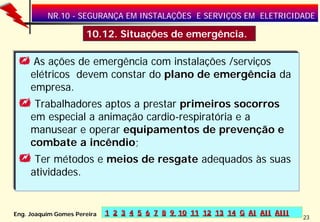 NR.10 - SEGURANÇA EM INSTALAÇÕES E SERVIÇOS EM ELETRICIDADE

10.12. Situações de emergência.

As ações de emergência com instalações /serviços
elétricos devem constar do plano de emergência da
empresa.
Trabalhadores aptos a prestar primeiros socorros
em especial a animação cardio-respiratória e a
manusear e operar equipamentos de prevenção e
combate a incêndio;
incêndio
Ter métodos e meios de resgate adequados às suas
atividades.

Eng. Joaquim Gomes Pereira

1 2 3 4 5 6 7 8 9 10 11 12 13 14 G AI AII AIII

23

 