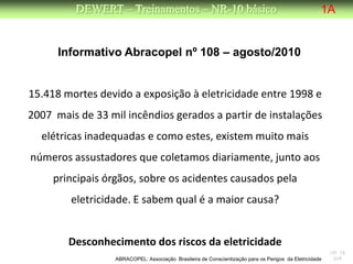 DEWERT – Treinamentos – NR-10 básico                                                       1A


      Informativo Abracopel nº 108 – agosto/2010


15.418 mortes devido a exposição à eletricidade entre 1998 e
2007 mais de 33 mil incêndios gerados a partir de instalações
  elétricas inadequadas e como estes, existem muito mais
números assustadores que coletamos diariamente, junto aos
     principais órgãos, sobre os acidentes causados pela
        eletricidade. E sabem qual é a maior causa?


        Desconhecimento dos riscos da eletricidade
                                                                                                        NR 10
                  ABRACOPEL: Associação Brasileira de Conscientização para os Perigos da Eletricidade    DW
 