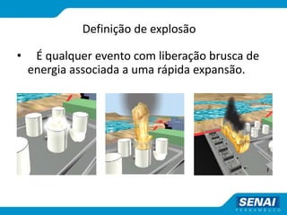 Definição de explosão
• É qualquer evento com liberação brusca de
energia associada a uma rápida expansão.
 