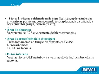 Cenários de Acidente
• São as hipóteses acidentais mais significativas, após estudo das
alternativas possíveis, considerando a complexidade da unidade e
seus produtos (carga, derivados, etc).
• Área de processo
Vazamento de H2S e vazamento de hidrocarbonetos.
• Área de transferência e estocagem
Transbordamento de tanque, vazamento de GLP e
hidrocarbonetos
e GLP na tubovia.
• Dutos internos
Vazamento de GLP na tubovia e vazamento de hidrocarbonetos na
tubovia.
 