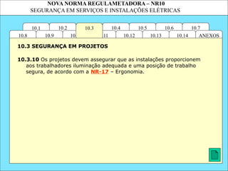 NOVA NORMA REGULAMETADORA – NR10
SEGURANÇA EM SERVIÇOS E INSTALAÇÕES ELÉTRICAS
10.2 10.4
10.11
10.10
10.3
10.1 10.7
10.6
10.5
ANEXOS
10.14
10.13
10.12
10.9
10.8
10.3.10 Os projetos devem assegurar que as instalações proporcionem
aos trabalhadores iluminação adequada e uma posição de trabalho
segura, de acordo com a NR-17 – Ergonomia.
10.3 SEGURANÇA EM PROJETOS
 