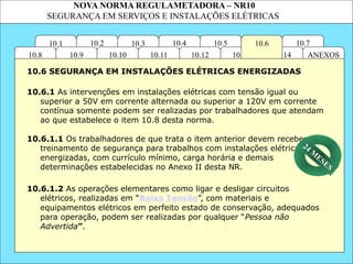 NOVA NORMA REGULAMETADORA – NR10
SEGURANÇA EM SERVIÇOS E INSTALAÇÕES ELÉTRICAS
10.7
10.5
10.14
10.13
10.3
10.2 10.4
10.11
10.10
10.1 10.6
ANEXOS
10.12
10.9
10.8
10.6.1 As intervenções em instalações elétricas com tensão igual ou
superior a 50V em corrente alternada ou superior a 120V em corrente
contínua somente podem ser realizadas por trabalhadores que atendam
ao que estabelece o item 10.8 desta norma.
10.6.1.1 Os trabalhadores de que trata o item anterior devem receber
treinamento de segurança para trabalhos com instalações elétricas
energizadas, com currículo mínimo, carga horária e demais
determinações estabelecidas no Anexo II desta NR.
10.6 SEGURANÇA EM INSTALAÇÕES ELÉTRICAS ENERGIZADAS
10.6.1.2 As operações elementares como ligar e desligar circuitos
elétricos, realizadas em “Baixa Tensão”, com materiais e
equipamentos elétricos em perfeito estado de conservação, adequados
para operação, podem ser realizadas por qualquer “Pessoa não
Advertida”.
24 M
ESES
 