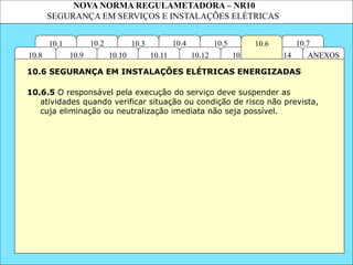 NOVA NORMA REGULAMETADORA – NR10
SEGURANÇA EM SERVIÇOS E INSTALAÇÕES ELÉTRICAS
10.7
10.5
10.14
10.13
10.3
10.2 10.4
10.11
10.10
10.1 10.6
ANEXOS
10.12
10.9
10.8
10.6.5 O responsável pela execução do serviço deve suspender as
atividades quando verificar situação ou condição de risco não prevista,
cuja eliminação ou neutralização imediata não seja possível.
10.6 SEGURANÇA EM INSTALAÇÕES ELÉTRICAS ENERGIZADAS
 