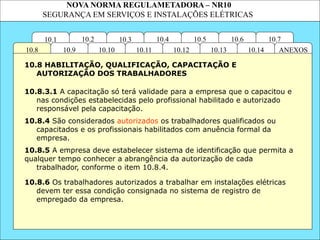 NOVA NORMA REGULAMETADORA – NR10
SEGURANÇA EM SERVIÇOS E INSTALAÇÕES ELÉTRICAS
10.3
10.2 10.4
10.11
10.10
10.1 10.7
10.6
10.5
ANEXOS
10.14
10.13
10.12
10.9
10.8
10.8.3.1 A capacitação só terá validade para a empresa que o capacitou e
nas condições estabelecidas pelo profissional habilitado e autorizado
responsável pela capacitação.
10.8.5 A empresa deve estabelecer sistema de identificação que permita a
qualquer tempo conhecer a abrangência da autorização de cada
trabalhador, conforme o item 10.8.4.
10.8 HABILITAÇÃO, QUALIFICAÇÃO, CAPACITAÇÃO E
AUTORIZAÇÃO DOS TRABALHADORES
10.8.4 São considerados autorizados os trabalhadores qualificados ou
capacitados e os profissionais habilitados com anuência formal da
empresa.
10.8.6 Os trabalhadores autorizados a trabalhar em instalações elétricas
devem ter essa condição consignada no sistema de registro de
empregado da empresa.
 