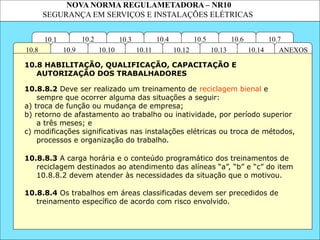 NOVA NORMA REGULAMETADORA – NR10
SEGURANÇA EM SERVIÇOS E INSTALAÇÕES ELÉTRICAS
10.3
10.2 10.4
10.11
10.10
10.1 10.7
10.6
10.5
ANEXOS
10.14
10.13
10.12
10.9
10.8
10.8.8.2 Deve ser realizado um treinamento de reciclagem bienal e
sempre que ocorrer alguma das situações a seguir:
a) troca de função ou mudança de empresa;
b) retorno de afastamento ao trabalho ou inatividade, por período superior
a três meses; e
c) modificações significativas nas instalações elétricas ou troca de métodos,
processos e organização do trabalho.
10.8.8.4 Os trabalhos em áreas classificadas devem ser precedidos de
treinamento específico de acordo com risco envolvido.
10.8 HABILITAÇÃO, QUALIFICAÇÃO, CAPACITAÇÃO E
AUTORIZAÇÃO DOS TRABALHADORES
10.8.8.3 A carga horária e o conteúdo programático dos treinamentos de
reciclagem destinados ao atendimento das alíneas “a”, “b” e “c” do item
10.8.8.2 devem atender às necessidades da situação que o motivou.
 