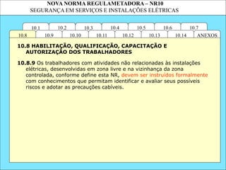 NOVA NORMA REGULAMETADORA – NR10
SEGURANÇA EM SERVIÇOS E INSTALAÇÕES ELÉTRICAS
10.3
10.2 10.4
10.11
10.10
10.1 10.7
10.6
10.5
ANEXOS
10.14
10.13
10.12
10.9
10.8
10.8.9 Os trabalhadores com atividades não relacionadas às instalações
elétricas, desenvolvidas em zona livre e na vizinhança da zona
controlada, conforme define esta NR, devem ser instruídos formalmente
com conhecimentos que permitam identificar e avaliar seus possíveis
riscos e adotar as precauções cabíveis.
10.8 HABILITAÇÃO, QUALIFICAÇÃO, CAPACITAÇÃO E
AUTORIZAÇÃO DOS TRABALHADORES
 