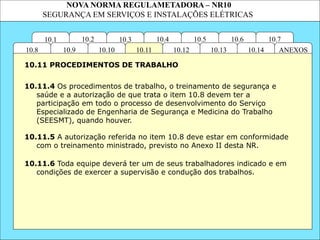 NOVA NORMA REGULAMETADORA – NR10
SEGURANÇA EM SERVIÇOS E INSTALAÇÕES ELÉTRICAS
10.3
10.2 10.4
10.11
10.10
10.1 10.7
10.6
10.5
ANEXOS
10.14
10.13
10.12
10.9
10.8
10.11.4 Os procedimentos de trabalho, o treinamento de segurança e
saúde e a autorização de que trata o item 10.8 devem ter a
participação em todo o processo de desenvolvimento do Serviço
Especializado de Engenharia de Segurança e Medicina do Trabalho
(SEESMT), quando houver.
10.11.5 A autorização referida no item 10.8 deve estar em conformidade
com o treinamento ministrado, previsto no Anexo II desta NR.
10.11 PROCEDIMENTOS DE TRABALHO
10.11.6 Toda equipe deverá ter um de seus trabalhadores indicado e em
condições de exercer a supervisão e condução dos trabalhos.
 