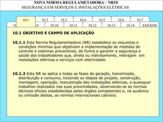 NOVA NORMA REGULAMETADORA – NR10
SEGURANÇA EM SERVIÇOS E INSTALAÇÕES ELÉTRICAS
10.7
10.6
10.5
10.4
10.3
10.2
ANEXOS
10.14
10.13
10.12
10.11
10.10
10.9
10.8
10.1
10.1.1 Esta Norma Regulamentadora (NR) estabelece os requisitos e
condições mínimas que objetivam a implementação de medidas de
controle e sistemas preventivos, de forma a garantir a segurança e
saúde dos trabalhadores que, direta ou indiretamente, interajam em
instalações elétricas e serviços com eletricidade.
10.1.2 Esta NR se aplica a todas as fases de geração, transmissão,
distribuição e consumo, incluindo as etapas de projeto, construção,
montagem, operação, manutenção das instalações elétricas, e quaisquer
trabalhos realizados nas suas proximidades, observando-se as normas
técnicas oficiais estabelecidas pelos órgãos competentes e, na ausência
ou omissão destas, as normas internacionais cabíveis.
10.1 OBJETIVO E CAMPO DE APLICAÇÃO
 