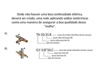 .
Onde não houver uma boa continuidade elétrica,
deverá ser criada, uma rede aplicando soldas isotérmicas
como uma maneira de assegurar a boa qualidade dessa
“malha”.
 
