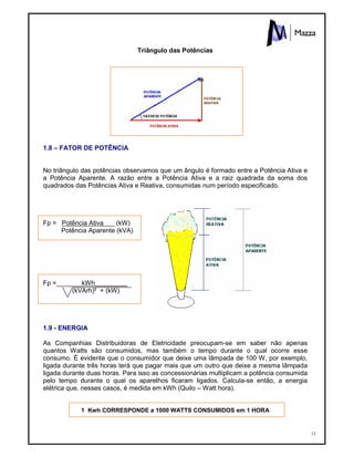 12
Triângulo das Potências
1.8 – FATOR DE POTÊNCIA
No triângulo das potências observamos que um ângulo é formado entre a Potência Ativa e
a Potência Aparente. A razão entre a Potência Ativa e a raiz quadrada da soma dos
quadrados das Potências Ativa e Reativa, consumidas num período especificado.
Fp = Potência Ativa (kW)
Potência Aparente (kVA)
Fp =_______kWh_________
(kVArh)² + (kW)
1.9 - ENERGIA
As Companhias Distribuidoras de Eletricidade preocupam-se em saber não apenas
quantos Watts são consumidos, mas também o tempo durante o qual ocorre esse
consumo. É evidente que o consumidor que deixe uma lâmpada de 100 W, por exemplo,
ligada durante três horas terá que pagar mais que um outro que deixe a mesma lâmpada
ligada durante duas horas. Para isso as concessionárias multiplicam a potência consumida
pelo tempo durante o qual os aparelhos ficaram ligados. Calcula-se então, a energia
elétrica que, nesses casos, é medida em kWh (Quilo – Watt hora).
1 Kwh CORRESPONDE a 1000 WATTS CONSUMIDOS em 1 HORA
 