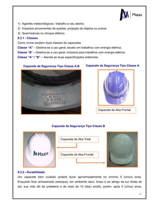 127
1) Agentes meteorológicos / trabalho a céu aberto;
2) Impactos provenientes de quedas, projeção de objetos ou outros;
3) Queimaduras ou choque elétrico.
8.3.1 - Classes
Como vimos existem duas classes de capacetes:
Classe “A” – Destina-se a uso geral, exceto em trabalhos com energia elétrica;
Classe “B” – Destina-se a uso geral, inclusive para trabalhos com energia elétrica;
Classe “A” / ”B” – Atende as duas especificações anteriores.
Capacete de Segurança Tipo Classe A
Capacete de Segurança Tipo Classe B
8.3.2 - Durabilidade:
Um capacete bem cuidado poderá durar aproximadamente no mínimo 5 (cinco) anos.
Enquanto ficar armazenado (estoque), em ambiente seco, limpo e ao abrigo da luz direta do
sol, sua vida útil de prateleira é de mais de 10 (dez) ano0s, porém, após 5 (cinco) anos,
Capacete de Aba Frontal
Capacete de Aba Frontal
Capacete de Aba Total
Capacete de Segurança Tipo Classe A.B
 