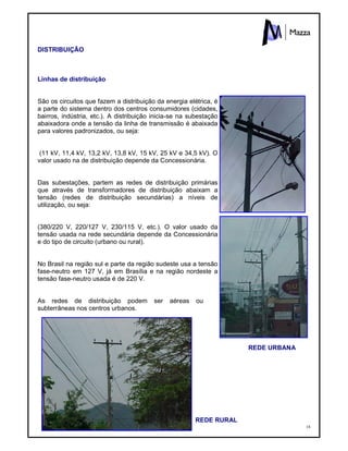 18
DISTRIBUIÇÃO
Linhas de distribuição
São os circuitos que fazem a distribuição da energia elétrica, é
a parte do sistema dentro dos centros consumidores (cidades,
bairros, indústria, etc.). A distribuição inicia-se na subestação
abaixadora onde a tensão da linha de transmissão é abaixada
para valores padronizados, ou seja:
(11 kV, 11,4 kV, 13,2 kV, 13,8 kV, 15 kV, 25 kV e 34,5 kV). O
valor usado na de distribuição depende da Concessionária.
Das subestações, partem as redes de distribuição primárias
que através de transformadores de distribuição abaixam a
tensão (redes de distribuição secundárias) a níveis de
utilização, ou seja:
(380/220 V, 220/127 V, 230/115 V, etc.). O valor usado da
tensão usada na rede secundária depende da Concessionária
e do tipo de circuito (urbano ou rural).
No Brasil na região sul e parte da região sudeste usa a tensão
fase-neutro em 127 V, já em Brasília e na região nordeste a
tensão fase-neutro usada é de 220 V.
As redes de distribuição podem ser aéreas ou
subterrâneas nos centros urbanos.
REDE URBANA
REDE RURAL
 