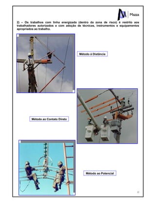 22
2) – Os trabalhos com linha energizada (dentro da zona de risco) é restrito aos
trabalhadores autorizados e com adoção de técnicas, instrumentos e equipamentos
apropriados ao trabalho.
Método ao Potencial
Método ao Contato Direto
Método á Distância
 