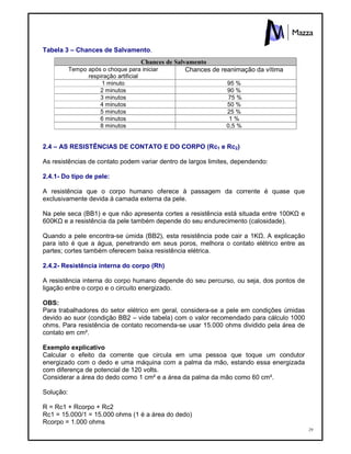 29
Tabela 3 – Chances de Salvamento.
2.4 – AS RESISTÊNCIAS DE CONTATO E DO CORPO (Rc1 e Rc2)
As resistências de contato podem variar dentro de largos limites, dependendo:
2.4.1- Do tipo de pele:
A resistência que o corpo humano oferece à passagem da corrente é quase que
exclusivamente devida à camada externa da pele.
Na pele seca (BB1) e que não apresenta cortes a resistência está situada entre 100KÙ e
600KÙ e a resistência da pele também depende do seu endurecimento (calosidade).
Quando a pele encontra-se úmida (BB2), esta resistência pode cair a 1KÙ. A explicação
para isto é que a água, penetrando em seus poros, melhora o contato elétrico entre as
partes; cortes também oferecem baixa resistência elétrica.
2.4.2- Resistência interna do corpo (Rh)
A resistência interna do corpo humano depende do seu percurso, ou seja, dos pontos de
ligação entre o corpo e o circuito energizado.
OBS:
Para trabalhadores do setor elétrico em geral, considera-se a pele em condições úmidas
devido ao suor (condição BB2 – vide tabela) com o valor recomendado para cálculo 1000
ohms. Para resistência de contato recomenda-se usar 15.000 ohms dividido pela área de
contato em cm².
Exemplo explicativo
Calcular o efeito da corrente que circula em uma pessoa que toque um condutor
energizado com o dedo e uma máquina com a palma da mão, estando essa energizada
com diferença de potencial de 120 volts.
Considerar a área do dedo como 1 cm² e a área da palma da mão como 60 cm².
Solução:
R = Rc1 + Rcorpo + Rc2
Rc1 = 15.000/1 = 15.000 ohms (1 é a área do dedo)
Rcorpo = 1.000 ohms
Chances de Salvamento
Tempo após o choque para iniciar
respiração artificial
Chances de reanimação da vítima
1 minuto 95 %
2 minutos 90 %
3 minutos 75 %
4 minutos 50 %
5 minutos 25 %
6 minutos 1 %
8 minutos 0,5 %
 