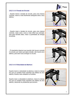36
2.8.2.1.3- A Tensão do Circuito
. Quanto menor a tensão do circuito, para uma mesma
corrente, menor e mais facilmente extinguido será o arco
elétrico.
. Quanto maior a tensão do circuito, para uma mesma
corrente, maior será o arco e mais difícil sua extinção,
pois para tensões altas, maior a quantidade de energia
envolvida.
. É importante observar que quando não houver corrente
no circuito, por maior que seja a tensão, não haverá arco
elétrico, pois será nula a energia no circuito.
2.8.2.1.4- A Velocidade de Abertura
Quanto menor a velocidade na abertura, maior é o tempo
em que os contatos ficam expostos aos efeitos do arco
elétrico, ficando mais oxidados ou fundidos.
Quanto maior a velocidade na abertura, menor é o tempo
em que os contatos ficam expostos aos efeitos do arco
elétrico, reduzindo os problemas que ocorrem.
 