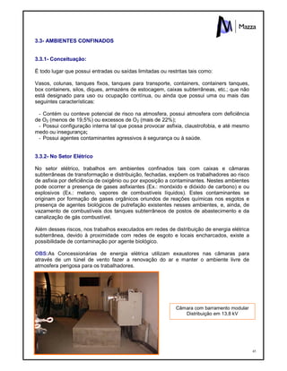 45
3.3- AMBIENTES CONFINADOS
3.3.1- Conceituação:
É todo lugar que possui entradas ou saídas limitadas ou restritas tais como:
Vasos, colunas, tanques fixos, tanques para transporte, containers, containers tanques,
box containers, silos, diques, armazéns de estocagem, caixas subterrâneas, etc.; que não
está designado para uso ou ocupação contínua, ou ainda que possui uma ou mais das
seguintes características:
- Contém ou conteve potencial de risco na atmosfera, possui atmosfera com deficiência
de O2 (menos de 19,5%) ou excessos de O2 (mais de 22%);
- Possui configuração interna tal que possa provocar asfixia, claustrofobia, e até mesmo
medo ou insegurança;
- Possui agentes contaminantes agressivos à segurança ou à saúde.
3.3.2- No Setor Elétrico
No setor elétrico, trabalhos em ambientes confinados tais com caixas e câmaras
subterrâneas de transformação e distribuição, fechadas, expõem os trabalhadores ao risco
de asfixia por deficiência de oxigênio ou por exposição a contaminantes. Nestes ambientes
pode ocorrer a presença de gases asfixiantes (Ex.: monóxido e dióxido de carbono) e ou
explosivos (Ex.: metano, vapores de combustíveis líquidos). Estes contaminantes se
originam por formação de gases orgânicos oriundos de reações químicas nos esgotos e
presença de agentes biológicos de putrefação existentes nesses ambientes, e, ainda, de
vazamento de combustíveis dos tanques subterrâneos de postos de abastecimento e da
canalização de gás combustível.
Além desses riscos, nos trabalhos executados em redes de distribuição de energia elétrica
subterrânea, devido à proximidade com redes de esgoto e locais encharcados, existe a
possibilidade de contaminação por agente biológico.
OBS:As Concessionárias de energia elétrica utilizam exaustores nas câmaras para
através de um túnel de vento fazer a renovação do ar e manter o ambiente livre de
atmosfera perigosa para os trabalhadores.
Câmara com barramento modular
Distribuição em 13,8 kV
 