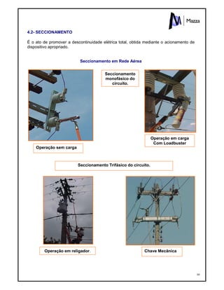 60
4.2- SECCIONAMENTO
É o ato de promover a descontinuidade elétrica total, obtida mediante o acionamento de
dispositivo apropriado.
Seccionamento em Rede Aérea
Operação sem carga
Seccionamento
monofásico do
circuito.
Chave Mecânica
Operação em carga
Com Loadbuster
Operação em religador.
Seccionamento Trifásico do circuito.
 