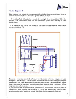 73
4.3.13.3- Esquema IT
Este esquema não possui nenhum ponto de alimentação diretamente aterrado, somente
as massas da instalação são aterradas Ligações à Terra, ou seja:
- O neutro da fonte é ligado a terra através da introdução de uma impedância Z de valor
elevado. Esta impedância pode ser uma resistência (caso mais comum) ou uma
indutância. (L)
- As carcaças das cargas da instalação, em eletrodo independente, são ligadas
diretamente a terra. (T).
Neste caso limita-se a corrente de falta a um valor desejado, de forma a não permitir que a
falta para a terra desligue o sistema elétrico. Geralmente esta corrente não é perigosa para
as pessoas, mas como a instalação continuará operando sob condição de falta para a
terra, recomenda-se que sejam utilizados dispositivos para monitorar e eliminar o defeito
no prazo mais curto possível.
O uso de sistemas IT de aterramento é, portanto o mais recomendado nos casos onde um
defeito não deve desligar imediatamente o circuito de alimentação, interrompendo
processos importantes tais como: Centros cirúrgicos, altos fornos siderúrgicos, etc.
 